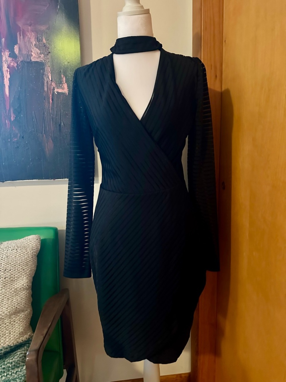 Guess Black Long Sleeve Wrap Dress with Choker Neck